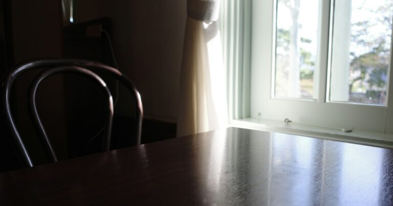 Daylight falling across a dark wooden table beside a window