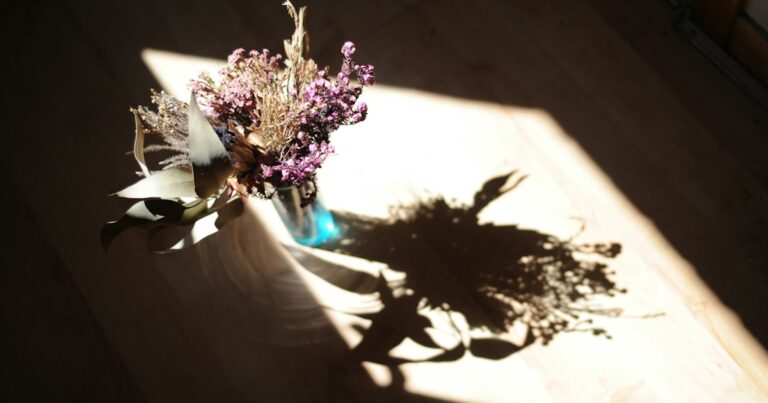 Dried flowers in a small glass vase casting a long shadow across a sunlit wooden floor