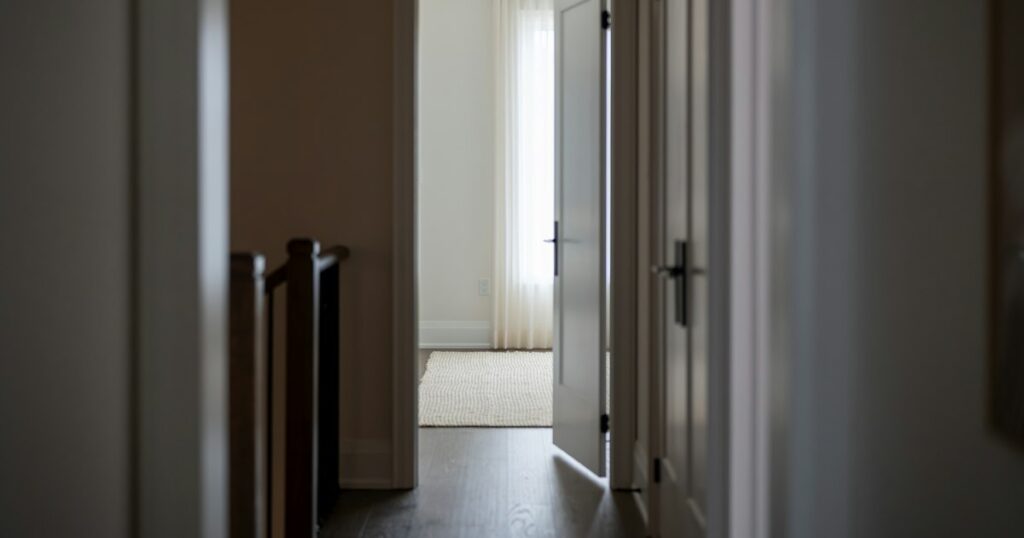 A quiet hallway leading to a half-open door and a bright room with a sheer curtain beyond