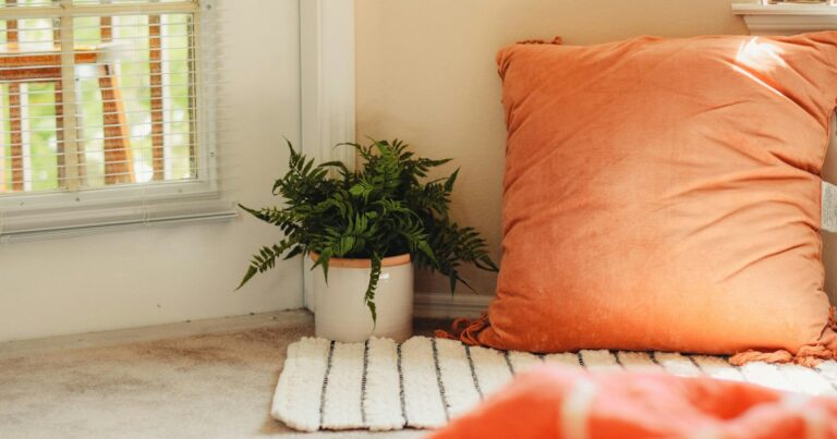 A sunlit corner by a window with a fern in a white pot and a large orange cushion on a striped rug
